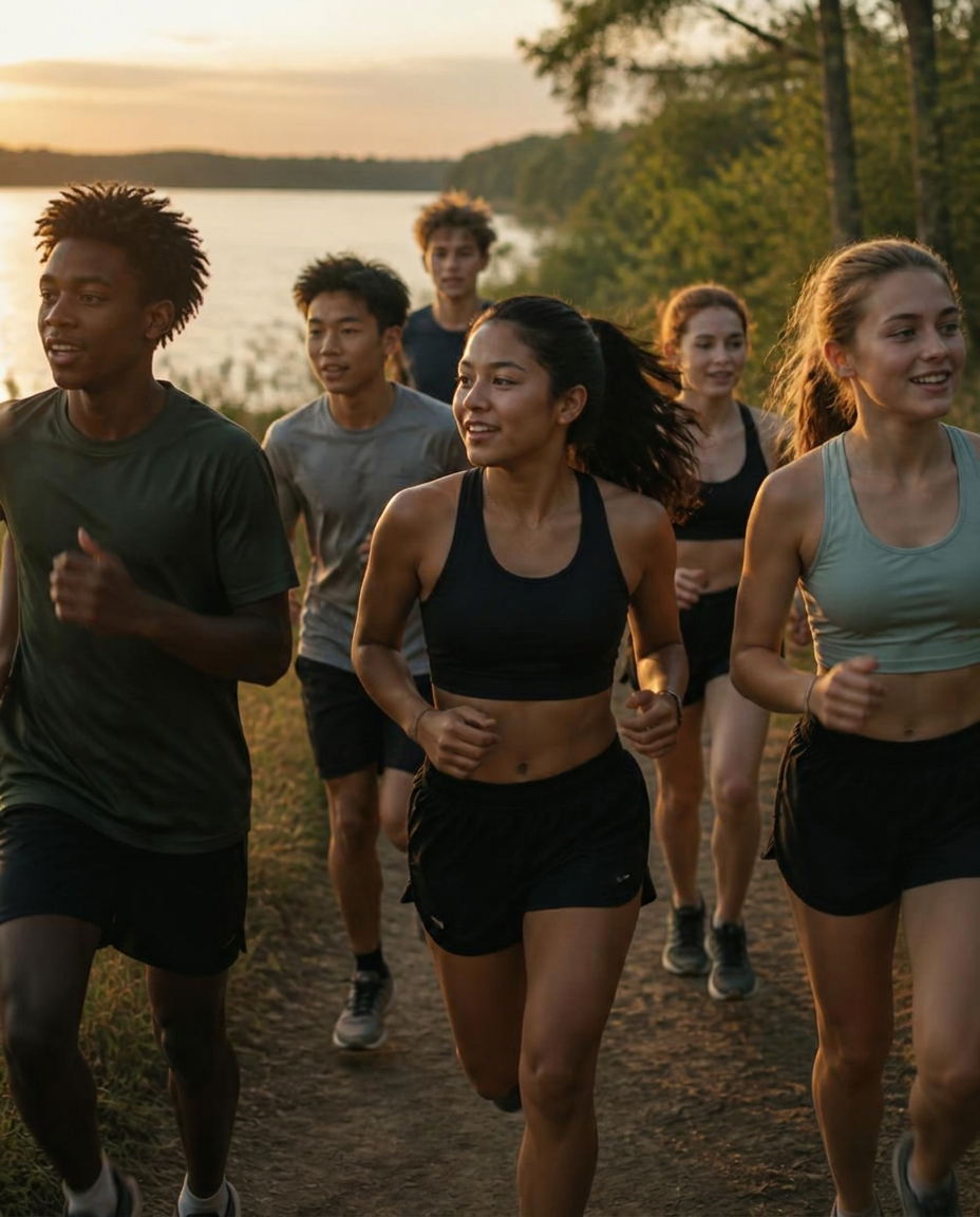A diverse group of young athletes running together along a lakeside trail at golden hour