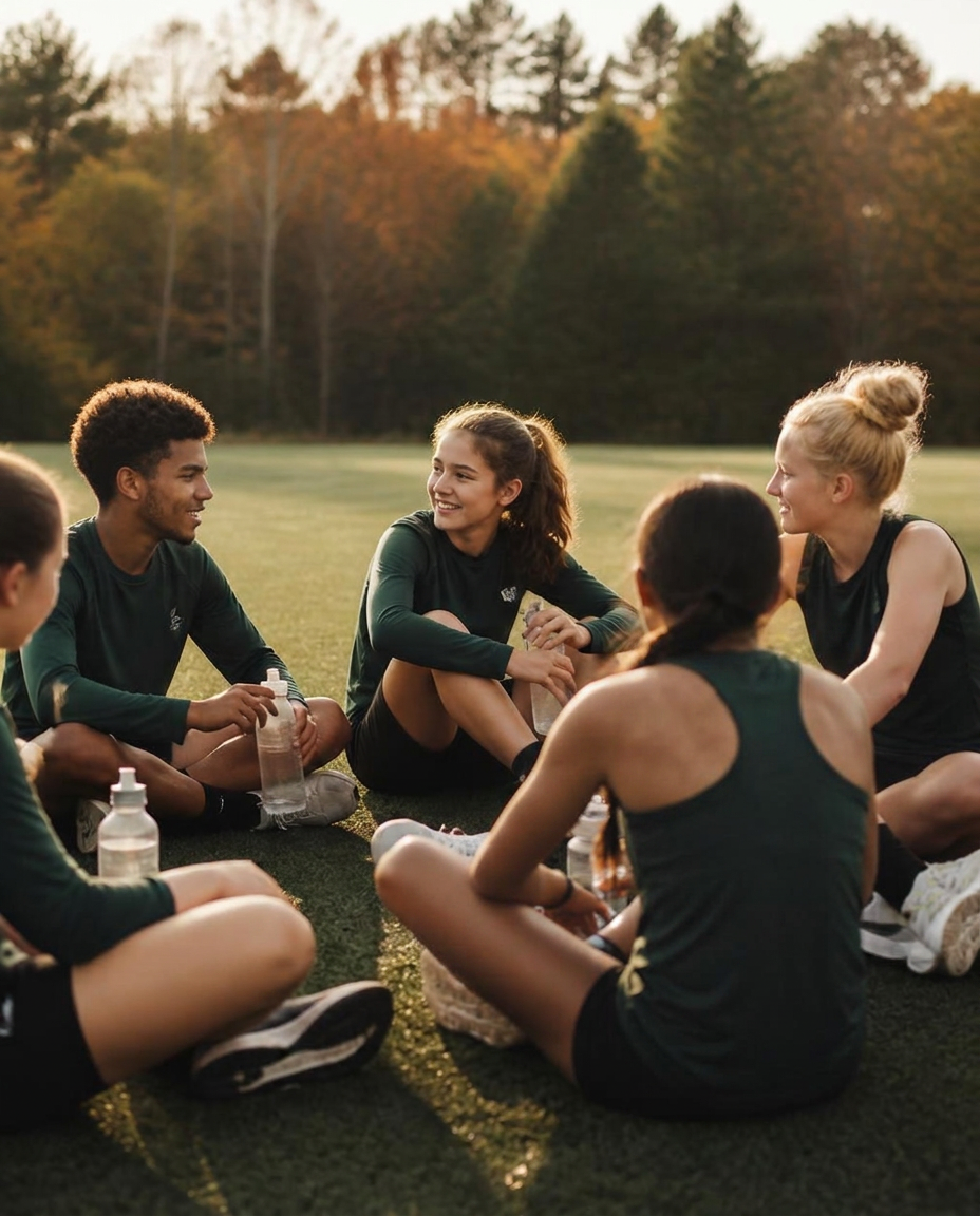 A diverse group of young athletes resting in a hydration circle on a Wisconsin field