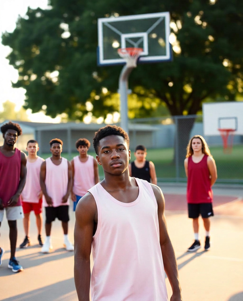 Diverse group of young basketball players mid-drill on an outdoor Minneapolis court at golden hour