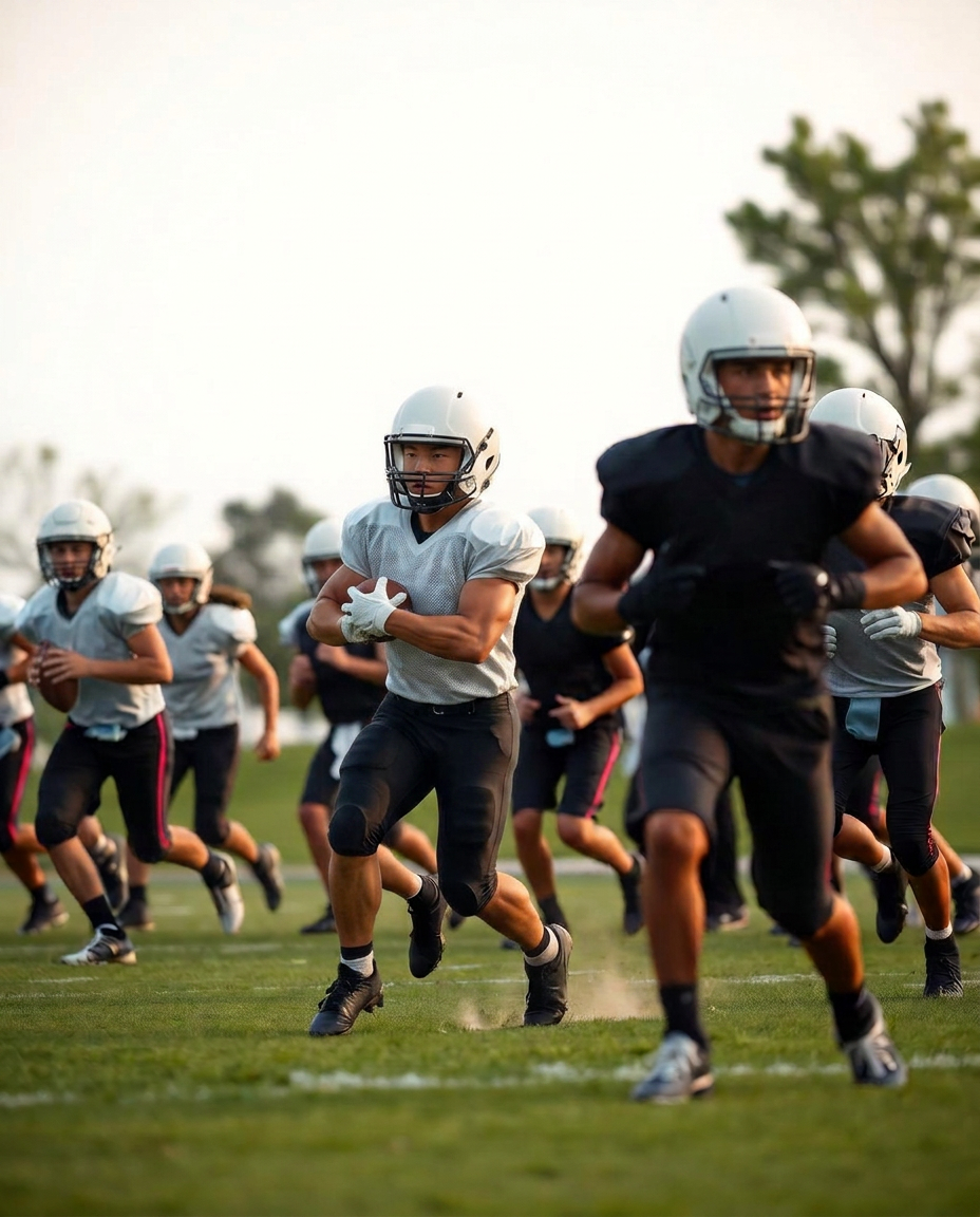 Diverse group of young football players running a passing drill on a Wisconsin high school field