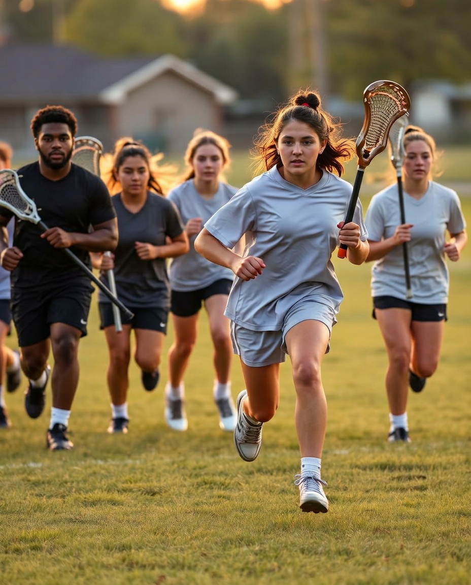 Diverse group of young lacrosse players mid-sprint on a Minnesota field at golden hour
