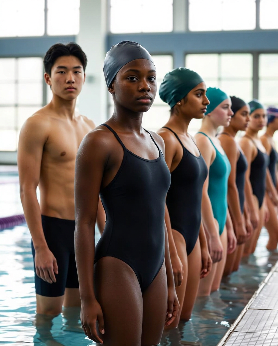 Diverse group of young competitive swimmers at the edge of a Minnesota indoor pool between laps